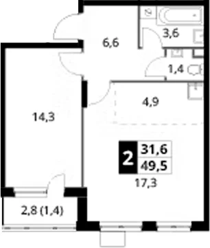 Планировка: Евродвушка 48,1 м² в ЖК «1-й Донской»