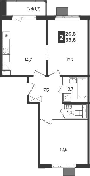 Планировка: 2-комнатная квартира 53,9 м² в ЖК «Южная Битца»