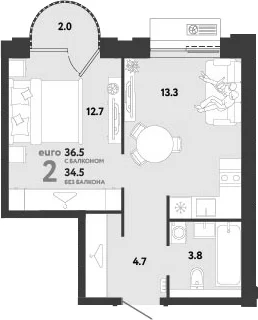 Планировка: Евродвушка 34,5 м² в ЖК «Страна.Заречная»