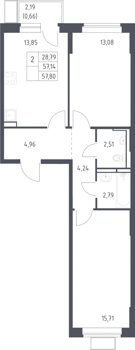 Планировка: 2-комнатная квартира 57,1 м² в ЖК «Новое Видное»