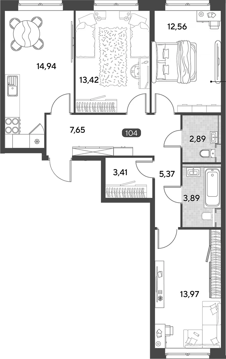 Планировка: 3-комнатная квартира 78,1 м² в ЖК «Космопарк»