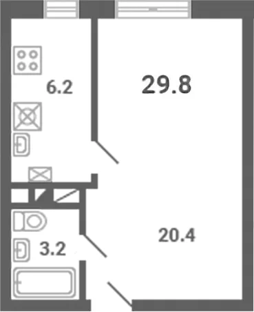Планировка: 1-комнатная квартира 29,8 м² в ЖК «Южная Долина»