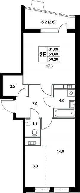Планировка: Евродвушка 53,6 м² в ЖК «Легенда Коренево»