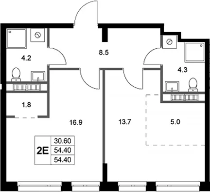 Планировка: Евродвушка 54,4 м² в ЖК «Легенда Коренево»