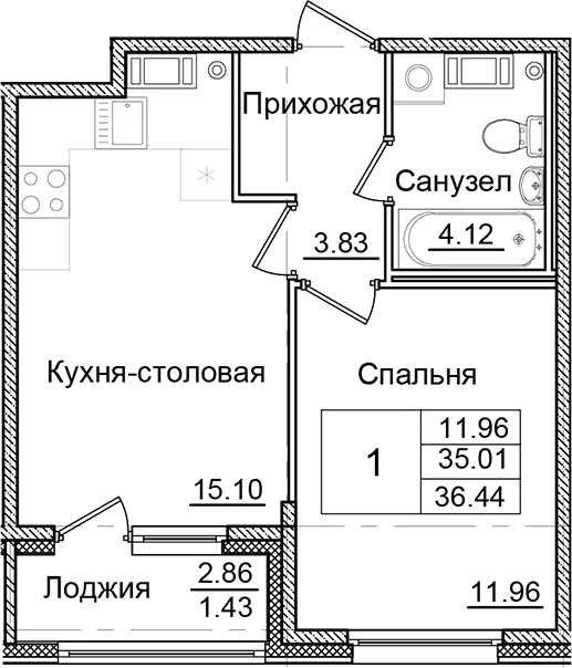 Планировка: 1-комнатная квартира 35 м² в ЖК «Квартал Заречье»