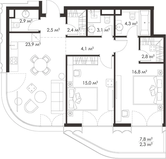 Планировка: Евротрёшка 79,1 м² в ЖК «КИНГ&САНС»