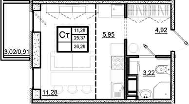 Планировка: Студия 25,4 м² в ЖК «Северный Меридиан»