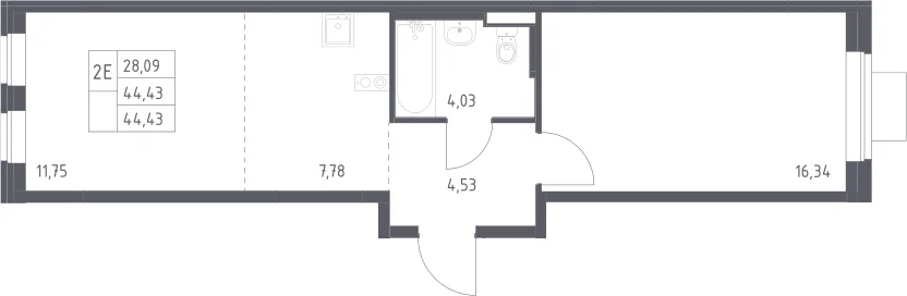 Планировка: Евродвушка 44,4 м² в ЖК «Подольские кварталы»