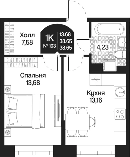 Планировка: 1-комнатная квартира 38,7 м² в ЖК «Охтинские высоты»