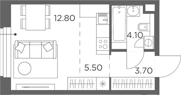 Планировка: Студия 26,1 м² в ЖК «Белый Град»