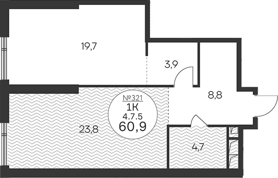 Планировка: Евродвушка 60,9 м² в ЖК «Клубный квартал КРЫЛАТСКАЯ 33»