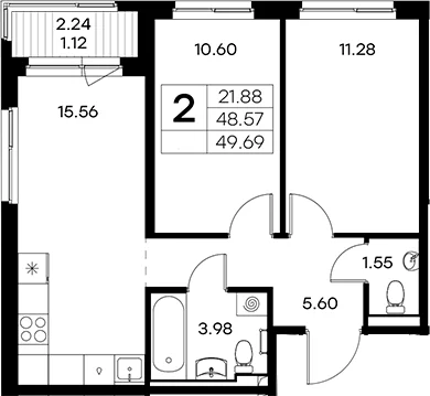 Планировка: Евротрёшка 48,6 м² в ЖК «Новоселье»
