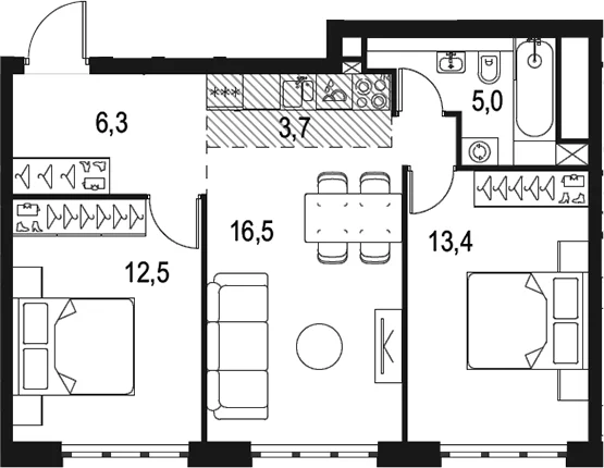 Планировка: Евротрёшка 57,4 м² в ЖК «Левел Южнопортовая»