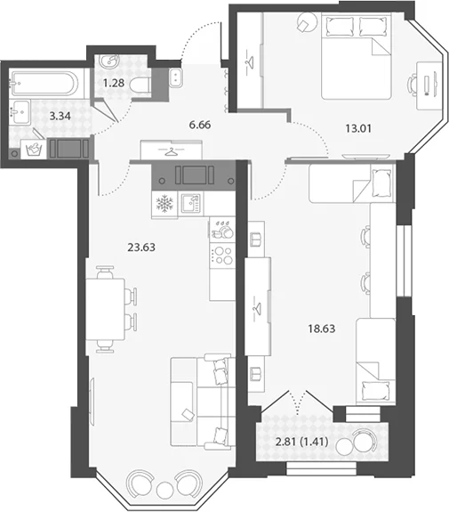 Планировка: Евротрёшка 66,6 м² в ЖК «Цивилизация на Неве»
