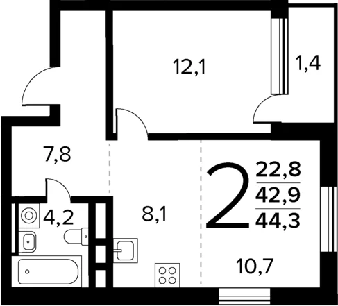 Планировка: Евродвушка 42,9 м² в ЖК «Новые Ватутинки Квартал у реки»