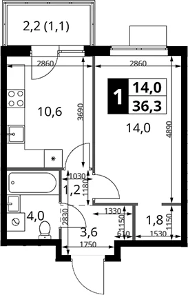 Планировка: 1-комнатная квартира 35,2 м² в ЖК «1-й Измайловский»
