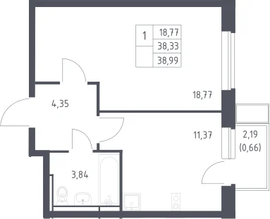 Планировка: 1-комнатная квартира 38,3 м² в ЖК «Новое Видное»