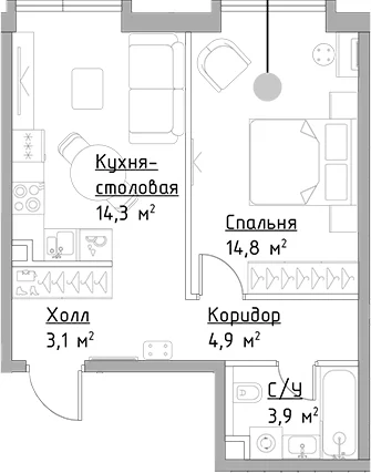 Планировка: 1-комнатная квартира 41 м² в ЖК «Левел Павелецкая Сити»