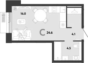 Планировка: Студия 24,6 м² в ЖК «Страна.Заречная»