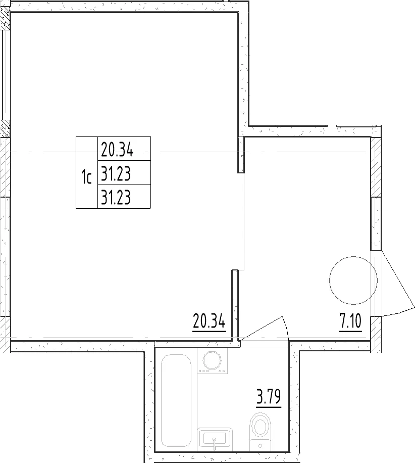 Планировка: Студия 31,2 м² в ЖК «Зум Черная Речка»