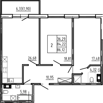 Планировка: Евротрёшка 84,2 м² в ЖК «Bereg. Курортный»
