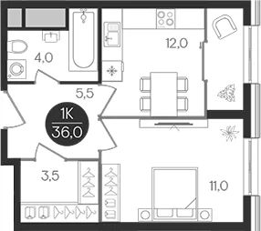 Планировка: 1-комнатная квартира 36 м² в ЖК «Кантемировский»