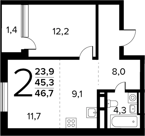 Планировка: Евродвушка 45,3 м² в ЖК «Новые Ватутинки Квартал у реки»