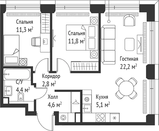 Планировка: Евротрёшка 62,2 м² в ЖК «СЕТ»