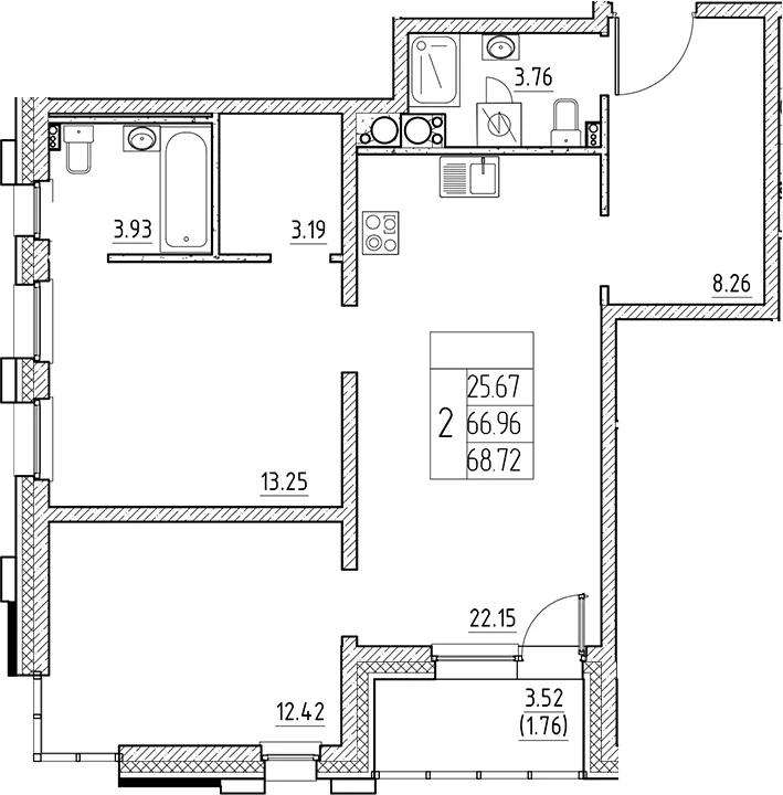 Планировка: Евротрёшка 67 м² в ЖК «Сезоны»