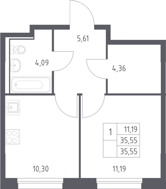 Планировка: 1-комнатная квартира 35,6 м² в ЖК «Прибрежный Парк»