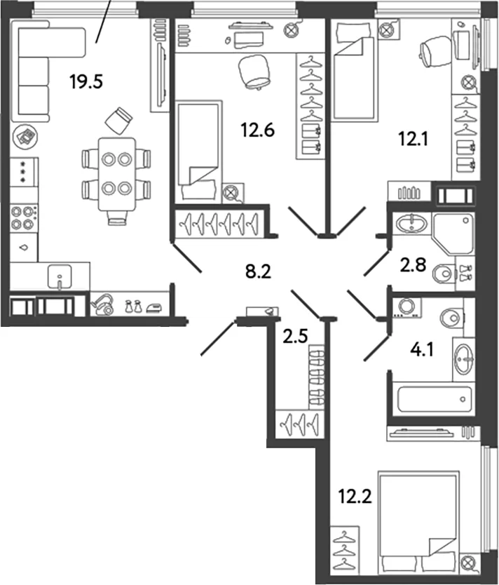 Планировка: Квартира евро-4 74 м² в ЖК «Гений»