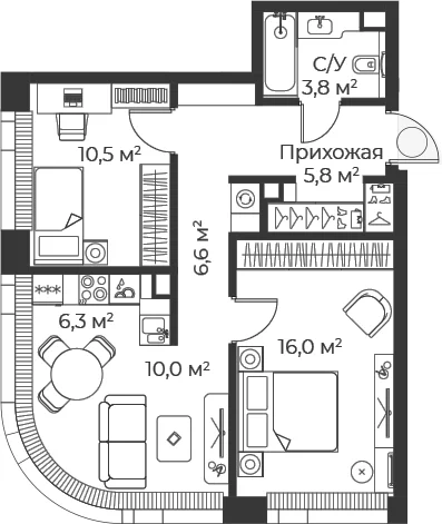 Планировка: Евротрёшка 59 м² в ЖК «Веер»