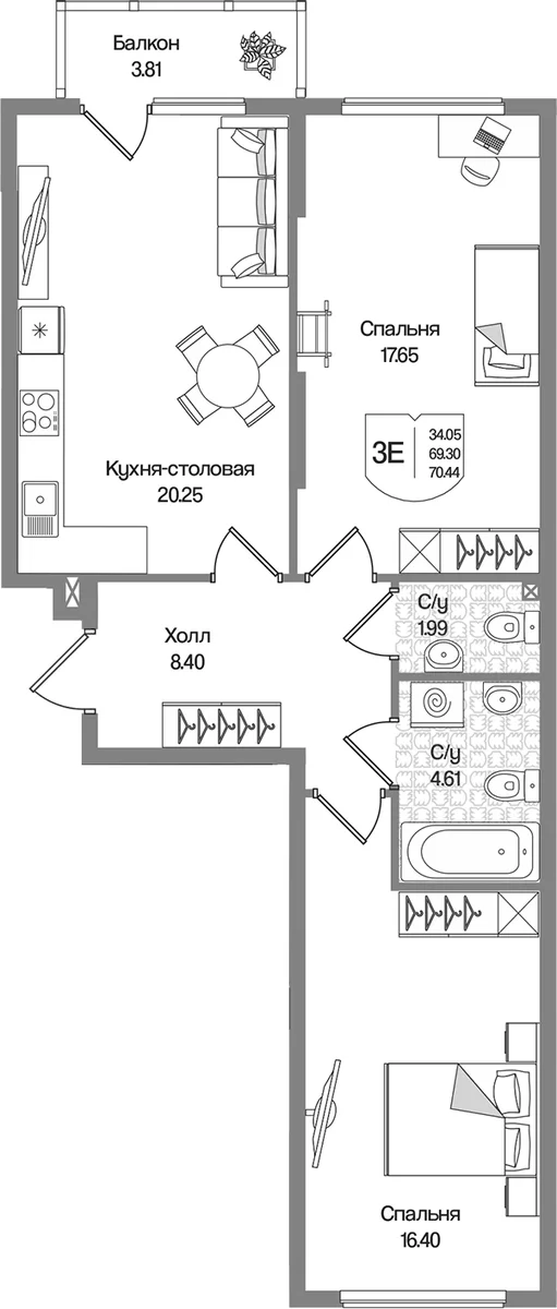 Планировка: Евротрёшка 69,3 м² в ЖК «Охтинские высоты»
