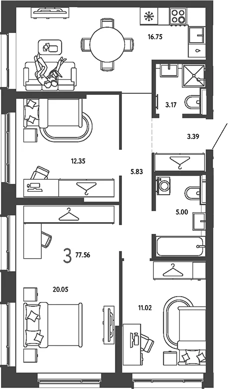 Планировка: 3-комнатная квартира 77,6 м² в ЖК «Страна.Парковая»