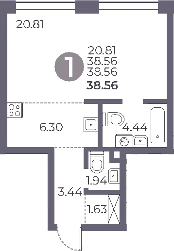 Планировка: Студия 38,6 м² в ЖК «Мневники от Гранель»