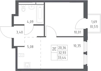 Планировка: Евродвушка 32,9 м² в ЖК «Космический Квартал»