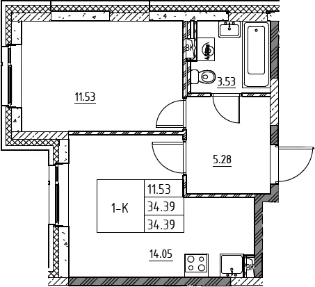 Планировка: 1-комнатная квартира 34,4 м² в ЖК «Город-спутник Южный»