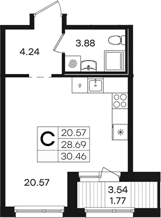Планировка: Студия 28,7 м² в ЖК «Парголово»