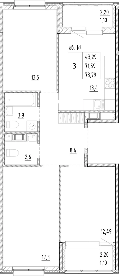 Планировка: 3-комнатная квартира 71,6 м² в ЖК «Плюс Пулковский»