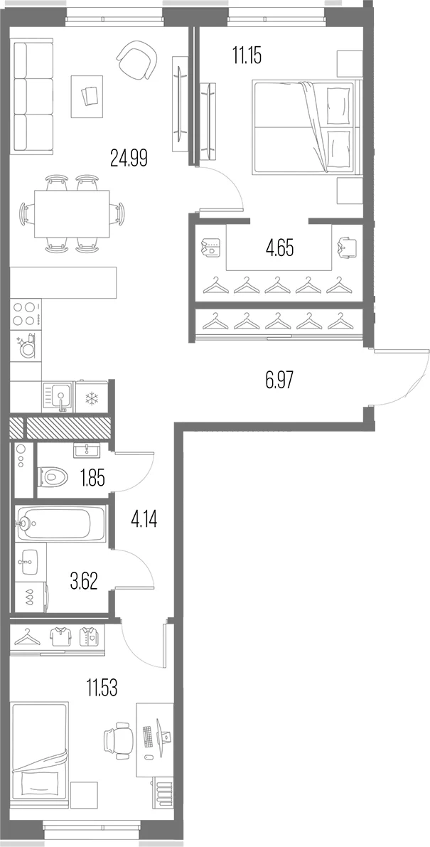 Планировка: Евротрёшка 68,9 м² в ЖК «Легенда Васильевского»