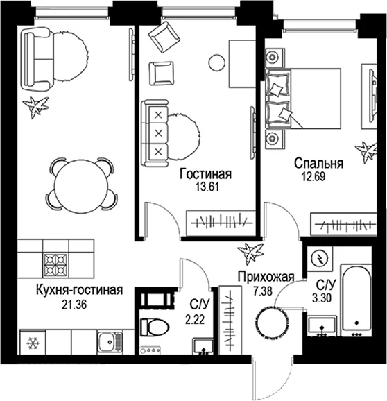 Планировка: 2-комнатная квартира 60,6 м² в ЖК «ID Petrogradskaya»