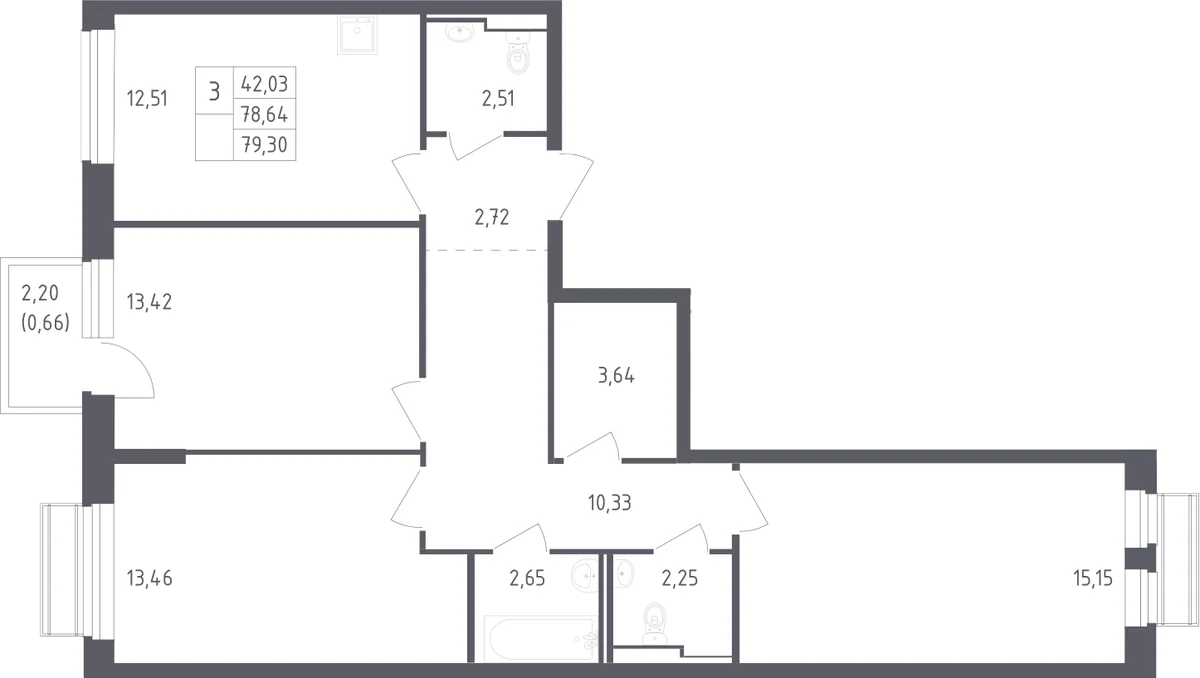 Планировка: 3-комнатная квартира 78,6 м² в ЖК «Рублевский квартал»
