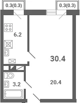 Планировка: 1-комнатная квартира 29,8 м² в ЖК «Южная Долина»