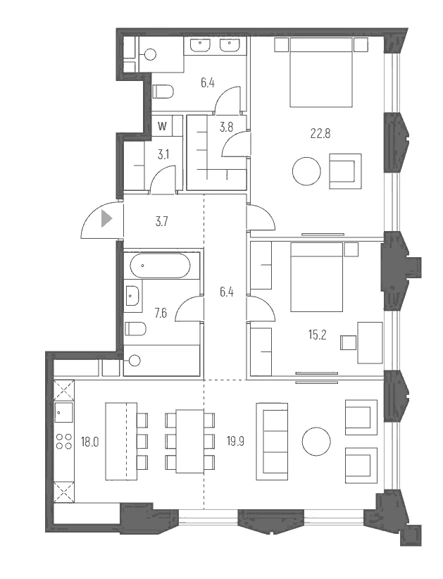 Планировка: Евротрёшка 106,9 м² в ЖК «Веспер Кутузовский»