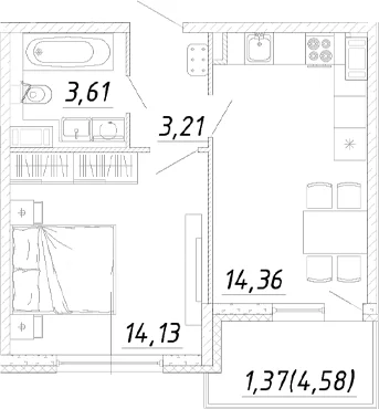 Планировка: 1-комнатная квартира 35,3 м² в ЖК «Догма Юкки»