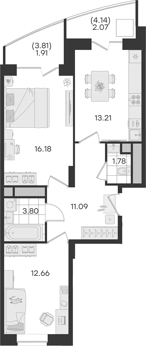 Планировка: 2-комнатная квартира 58,7 м² в ЖК «Новый Весенний»