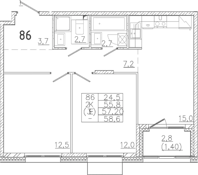Планировка: Евротрёшка 55,8 м² в ЖК «Лисино»