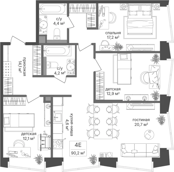 Планировка: Квартира евро-4 90,2 м² в ЖК «Петровский Парк II»