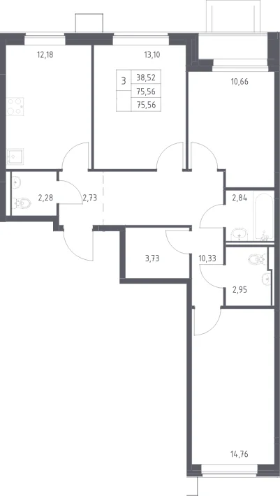 Планировка: 3-комнатная квартира 75,6 м² в ЖК «Прибрежный Парк»