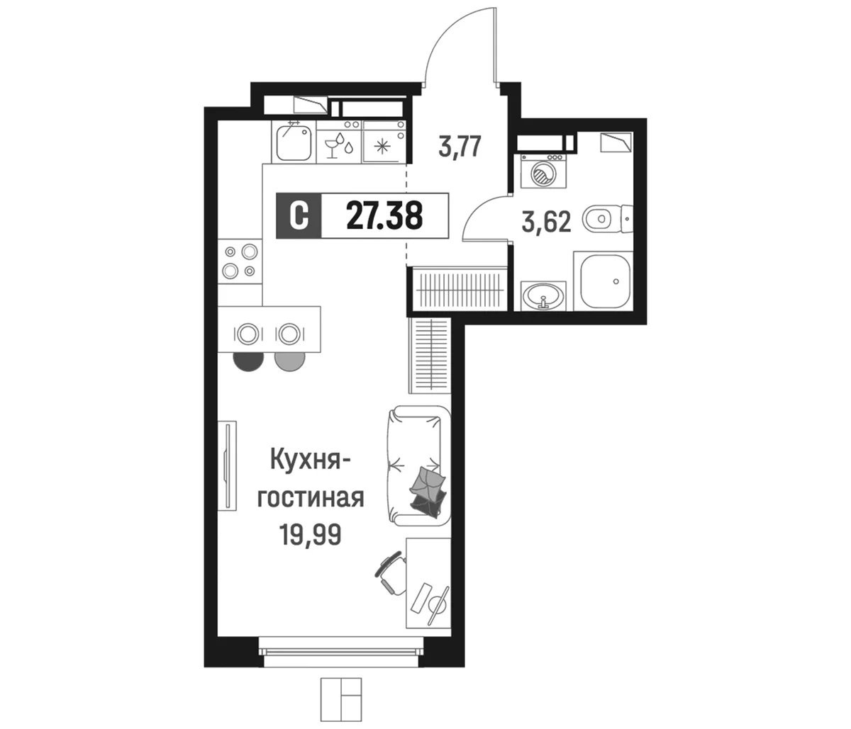 Планировка: Студия 27,4 м² в ЖК «Максималист»